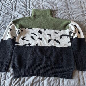 Neitooh XL Green and Black with Leopard Print Cowl Neck Sweater